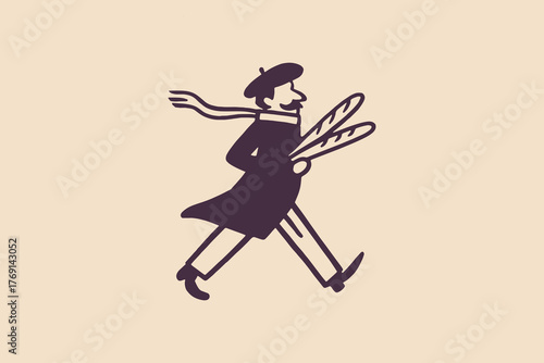 man walking with baguettes minimalist sketch vector illustration
