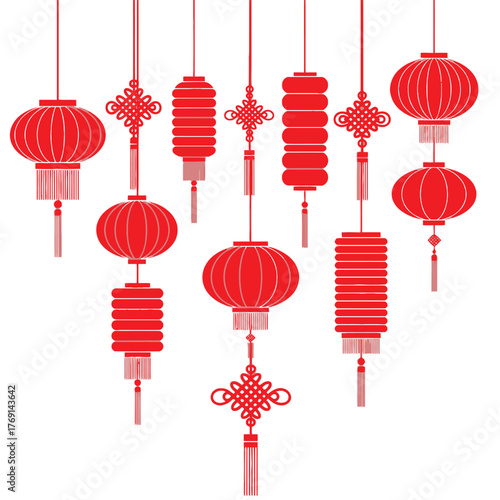 A collection of red Chinese lanterns hangs against a white background.