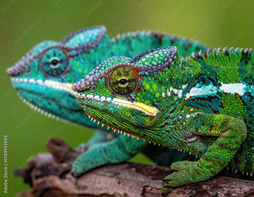 Naklejka premium Two vibrant green chameleons with intricate patterns resting on a branch.