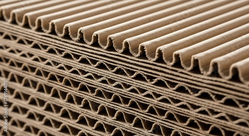 Close up abstract view of stacked corrugated cardboard sheets showing texture and layers