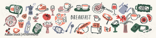 Breakfast food set in dolce vita doodle style. Lunch snacks and drinks, Italian aesthetics with coffee, baguette, croissant, bread and wine bottle, retro hand-drawn sketch. Flat vector illustrations