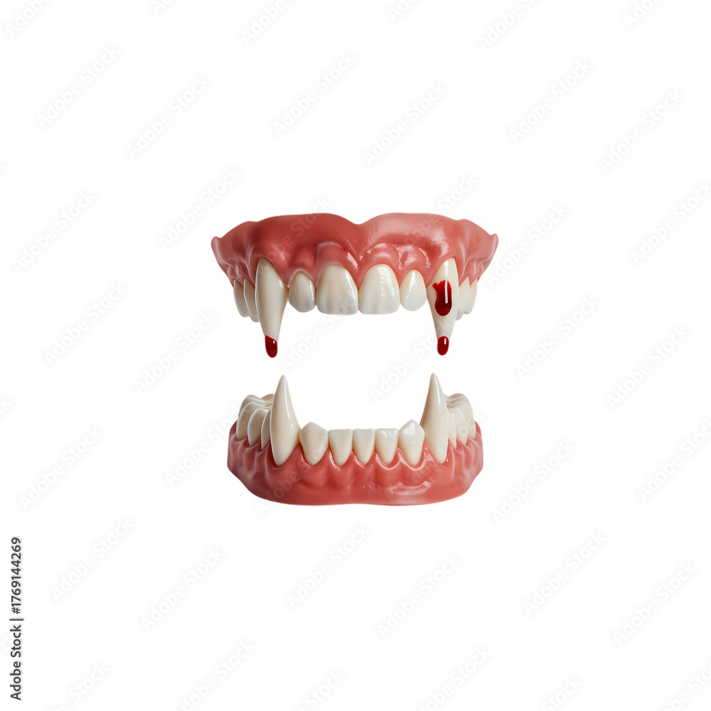Obraz premium Spooky vampire teeth with blood dripping down on transparent background
