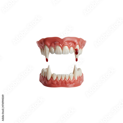 Spooky vampire teeth with blood dripping down on transparent background
