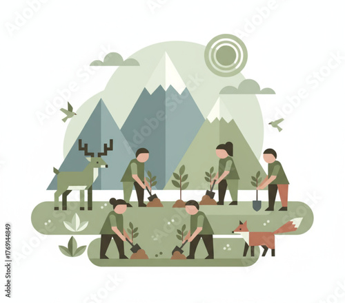 Diverse community members actively engaged in tree planting in a serene mountainous landscape, fostering environmental sustainability and habitat restoration for local wildlife