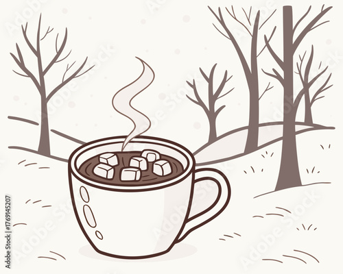 Hot chocolate with marshmallows in winter scene