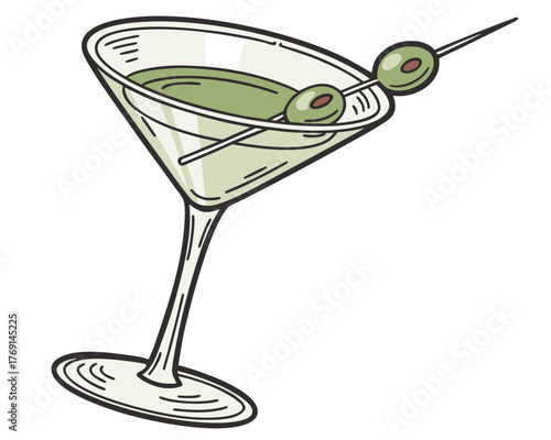 Illustration of a martini glass with olives in cartoon