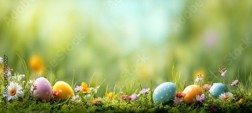 Easter Eggs in Spring Meadow, Decorated Eggs, Floral Background.