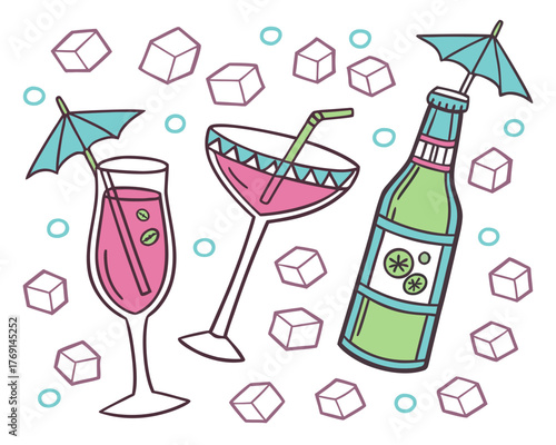 Illustration of various cocktails and a bottle