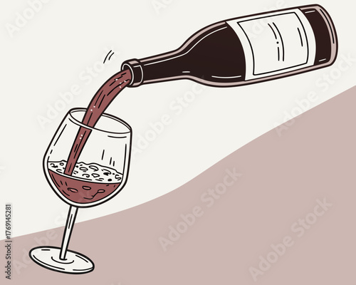 Wine bottle pouring red wine into a glass on a beige background