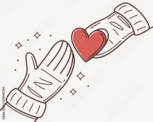 A heart being passed between two hands wearing winter gloves