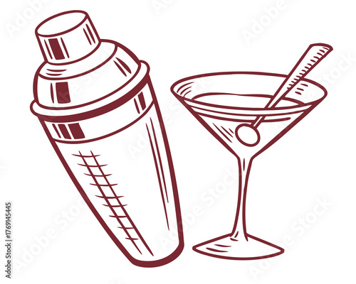 Illustration of a cocktail shaker and a martini glass