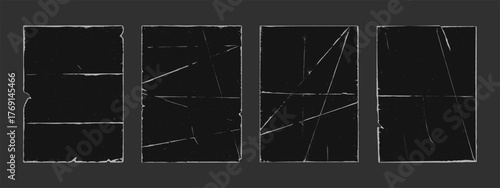 Old retro style paper fold texture black grunge punk overlay vector illustration set. Vintage dark cover dirty scratched folded paper sheet collection grain noise rough effect distress corner template