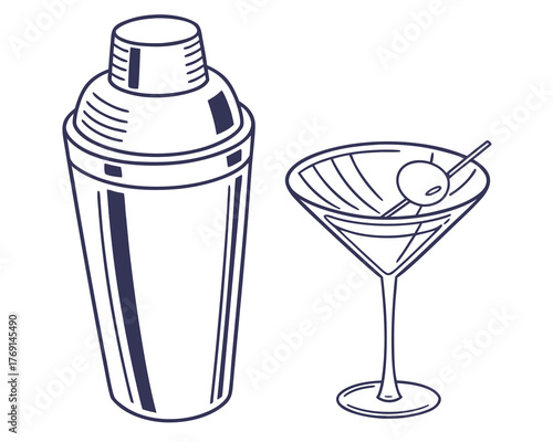 Illustration of a cocktail shaker and martini glass