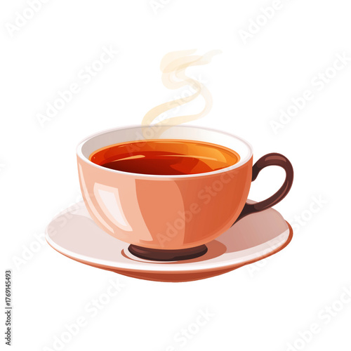 flat 2D icon vector illustrator of hot tea in teacup with saucer, with copy space, white background