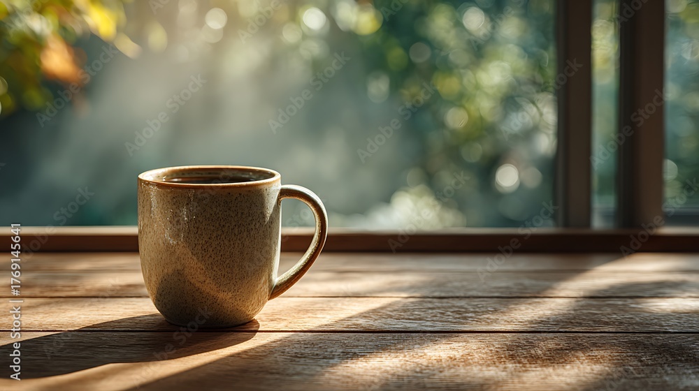 Obraz premium Minimal morning coffee moment with mug on wooden table by window, sunlight shining into bright smooth space, peaceful warm atmosphere and relaxing cozy lifestyle concept