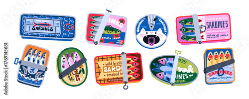 Sardines in cans. Sea fish in tin packagings, retro label designs. Seafood, preserved food. Doodle-style Mediterranean snack in open containers. Flat vector illustration isolated on white background