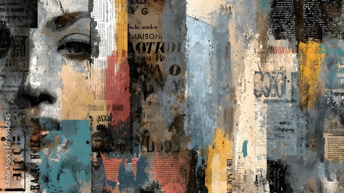 An abstract collage style portrait of a woman s face composed of colorful layers of paint paper and urban textures