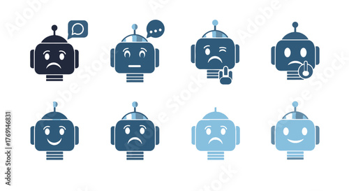 Collection of diverse blue Robot Emoji icons expressing various human emotions and artificial intelligence sentiments for digital communication