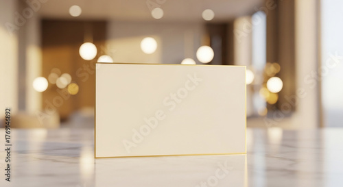 Blank Card Mockup on Marble Table in Modern Luxury Interior with Warm Bokeh Lights