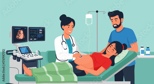 Pregnant Woman Undergoing Ultrasound Exam with Doctor and Partner Prenatal Care Concept