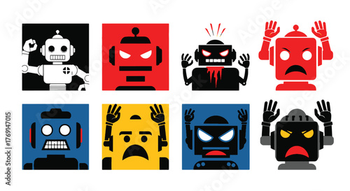 Diverse Robot Emoji icon set depicting a spectrum of negative emotional states like anger, frustration, and distress
