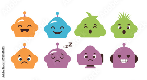 Vibrant Robot Emoji Set Capturing a Spectrum of Digital Emotions and Animated Expressions