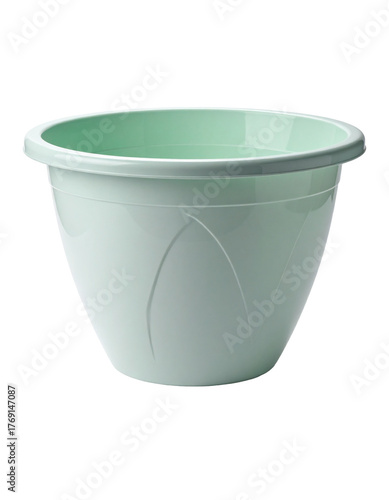 Pale green plastic flowerpot with ribbed curved accents