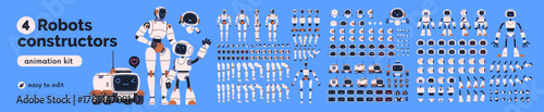 Robot parts, android body constructor, animation kit. Bot character construction set. Artificial intelligence assistant design with electronic gears, head, arms and legs. Flat vector illustration