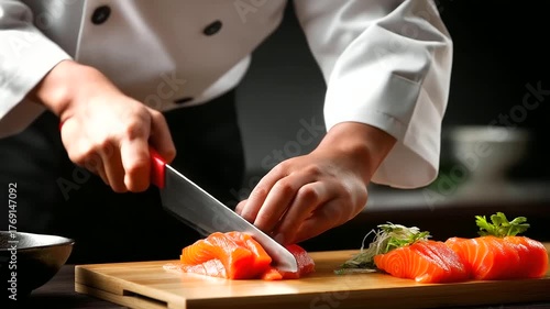 Chef slicing smoked salmon for sushi, precision and art — blured background, with copy space.