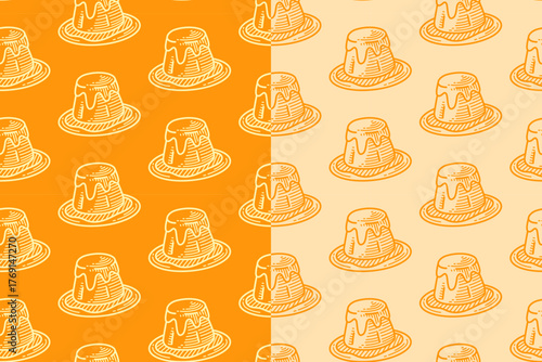 Caramel flan engraving pattern on yellow background set. Custard pudding dessert doodle pattern background. Creamy pudding hatching motif wallpaper. Restaurant, cafes, pastry packaging and merchandise