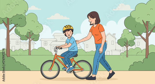 Learning to Ride Mother Teaching Her Child to Ride a Bike Outside