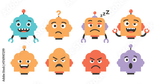 Vibrant collection of cartoon Robot Emoji characters displaying a spectrum of emotions from joy and confusion to anger and surprise, ideal for digital communication and technology interfaces