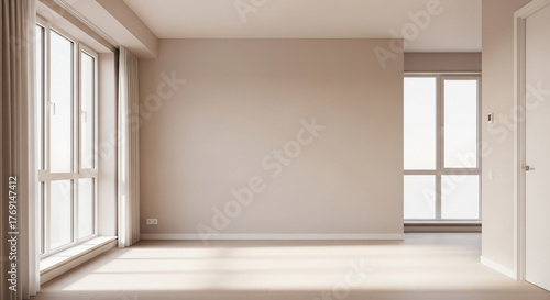 Bright Empty Modern Room Interior with Large Windows. Spacious Home Design Blank Canvas