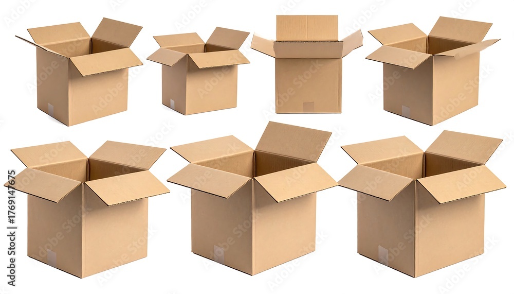 Fototapeta premium Array of empty, open cardboard boxes against a white background
