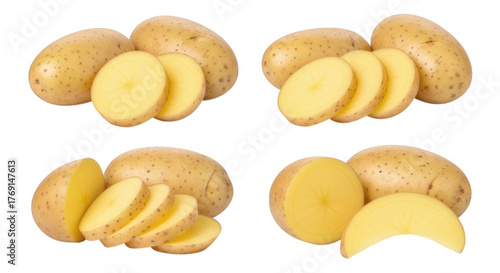 Whole sliced golden potatoes isolated on a transparent background