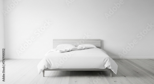 Modern Minimalist White Bed in Bright Clean Empty Bedroom Interior Design