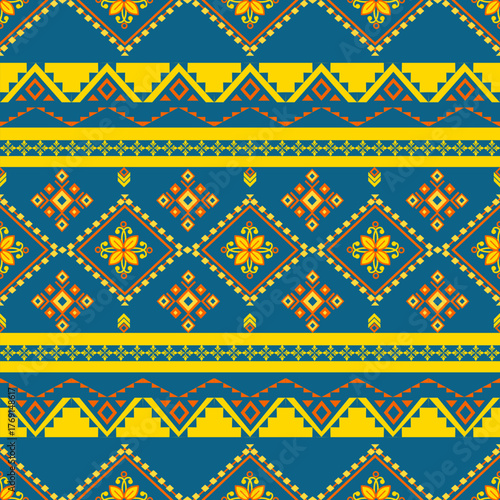 A horizontal border pattern inspired by tribal and folk art, combining geometric motifs and colorful symmetry. Great for textile borders, fashion trims, digital papers, and ethnic product packaging. 