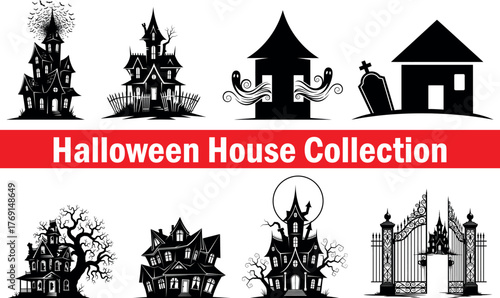 Collection of spooky halloween haunted houses and gothic architecture silhouettes for holiday design