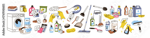 Clean products, housekeeping supplies set. Household equipment. Housework tools, cleaning and washing stuff, accessories for domestic cleanup. Flat vector illustrations isolated on white background