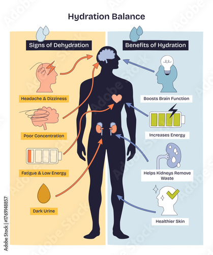 Hydration balance visualizes how water affects body systems, human silhouette highlights brain and kidneys, contrasting dehydration signs and hydration benefits. Doodle style diagram