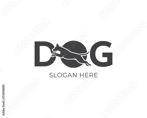 Dynamic dog logo design isolated on white background showcasing a leaping canine silhouette integrated into the word dog, ideal for pet services and animalthemed brands