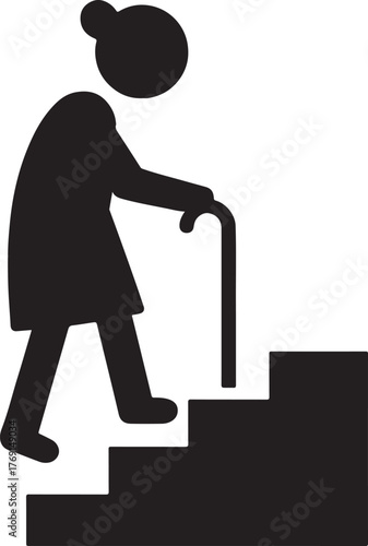 Elderly person climbing stairs with cane icon in silhouette style for senior care design.