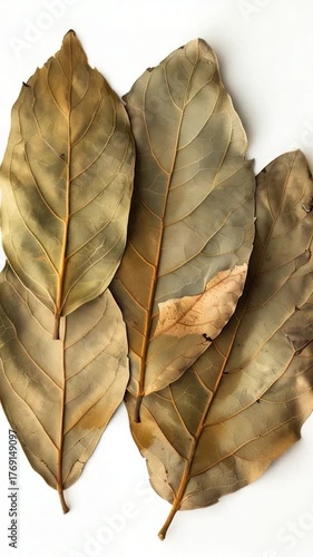 A detailed view of three leaves on a white surface