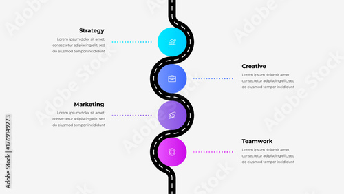Vertical Roadmap Infographic. Business Strategy and Process Diagram with Milestones, Steps, and Creative Path Visualization for Marketing and Teamwork Concept