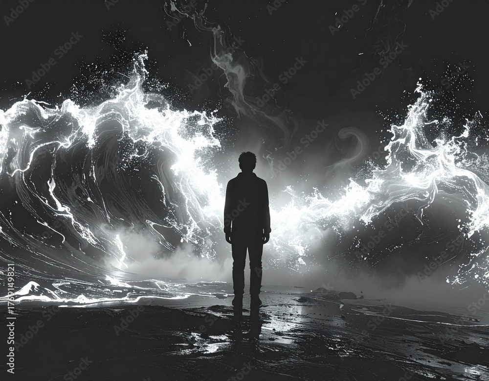 Obraz premium Lonely Figure Engulfed by Endless Glowing Waves of Anxiety