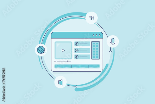Audio software interface with track management, record control, sound mixing and volume optimization with AI automation system.