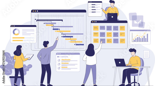 Modern project management teamwork with Gantt chart, kanban board, data analytics, checklist, graphs, digital workspace, collaboration, planning tools