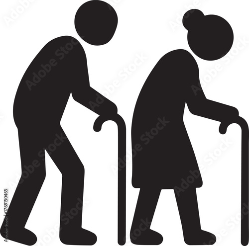 Elderly couple walking with canes icon in silhouette style for senior care and mobility design.