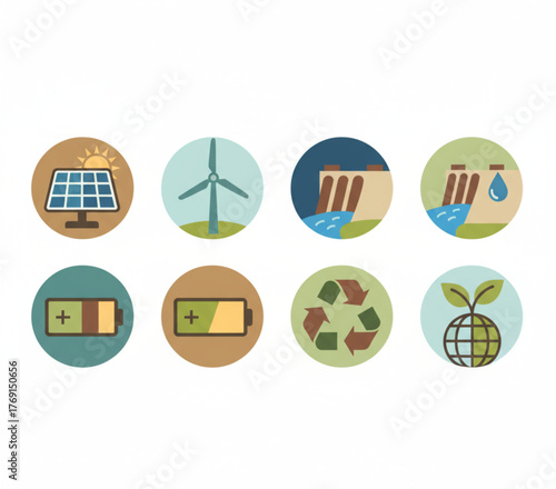 Set of circular icons depicting renewable energy sources and concepts, including solar power, wind turbines, hydroelectric dams, batteries, and a green earth with leaves