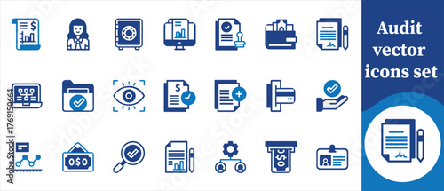 Audit vector icon set, audit, accounting, finance, report, document, checklist, magnifying glass, analysis, data, review, verification, inspection, compliance, risk, assessment and more